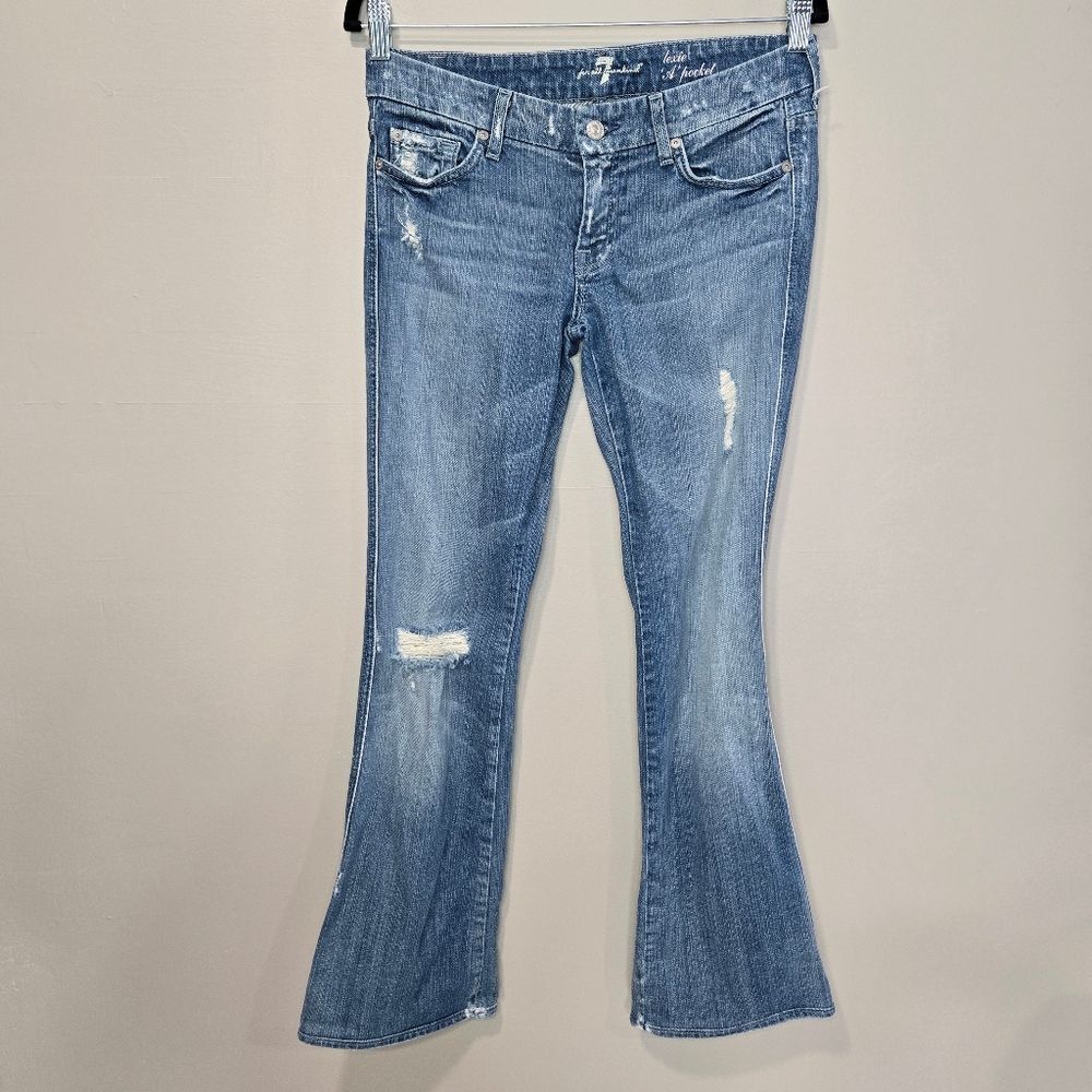 7 For All Mankind Women's The Lexie Petite Distressed Flare Blue Jeans